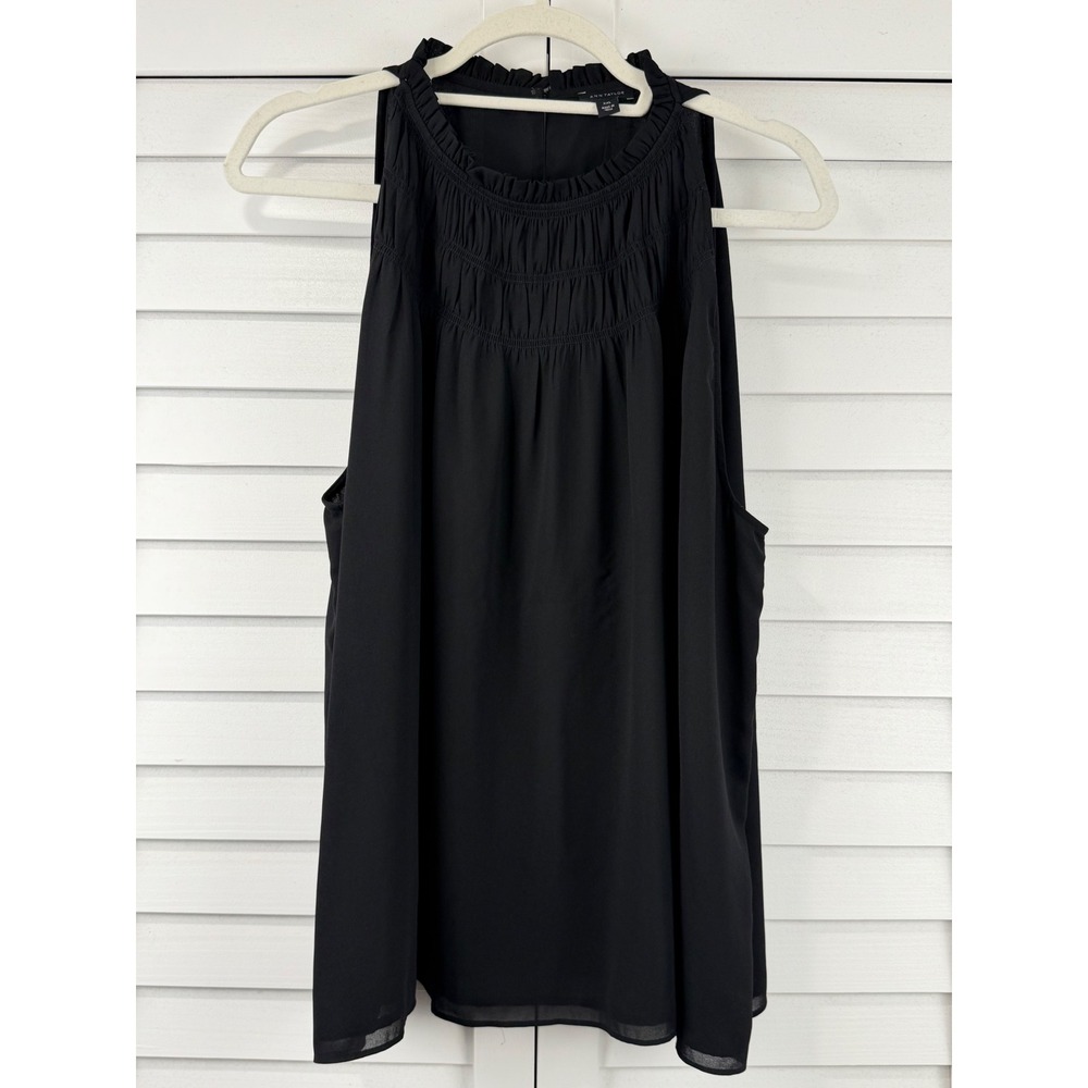 Ann Taylor Blouse XXL Black Smocked‎ Ruffle Neck Sleeveless Shell